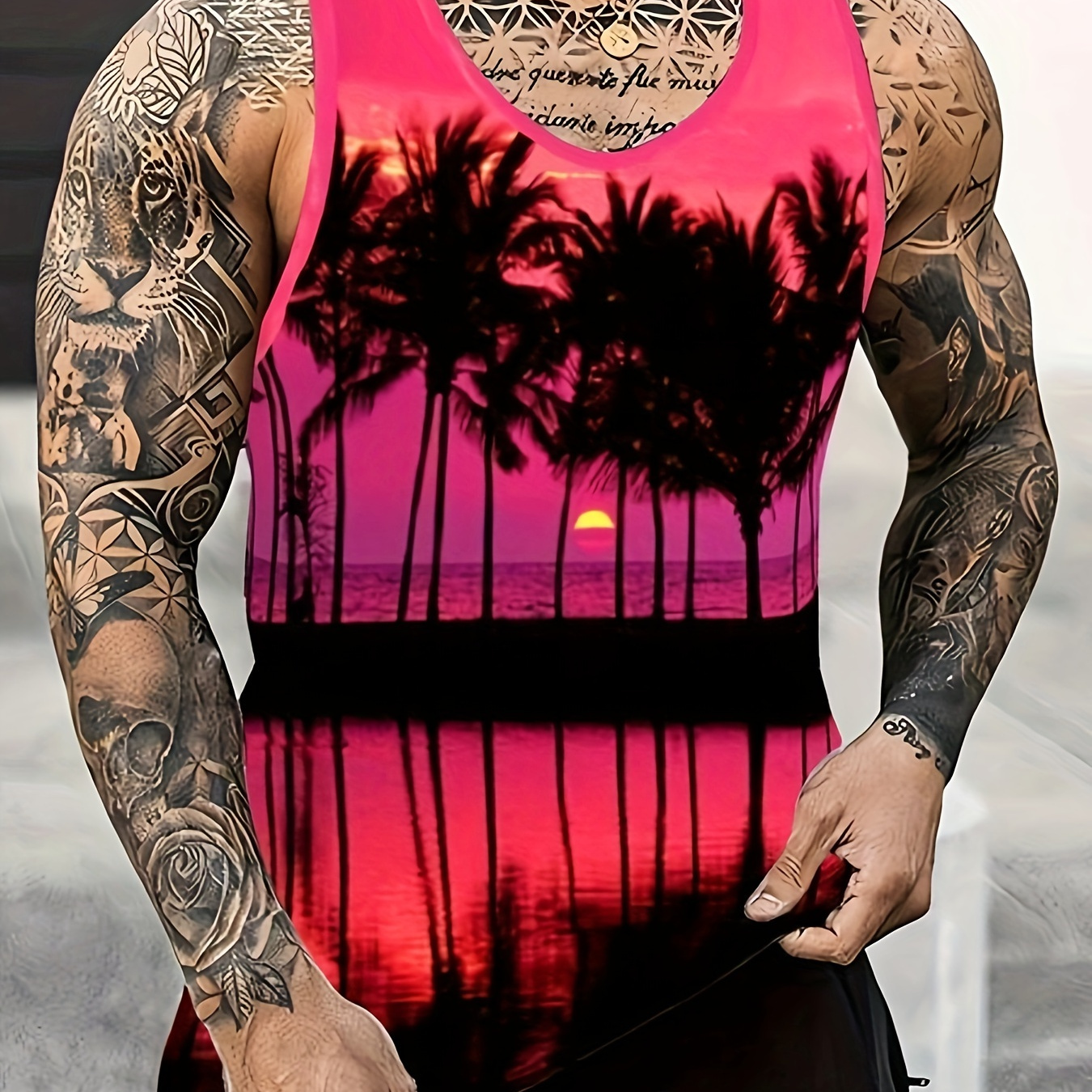 

Men's Trendy Crew Neck Graphic Tank Top With Fancy Palm Tree Prints, Street Style For Summer Wear