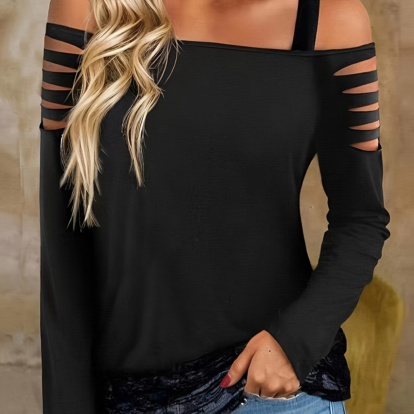 

Contrast Lace Cold Shoulder T-shirt, Casual Long Sleeve Top For Spring & Fall, Women's Clothing
