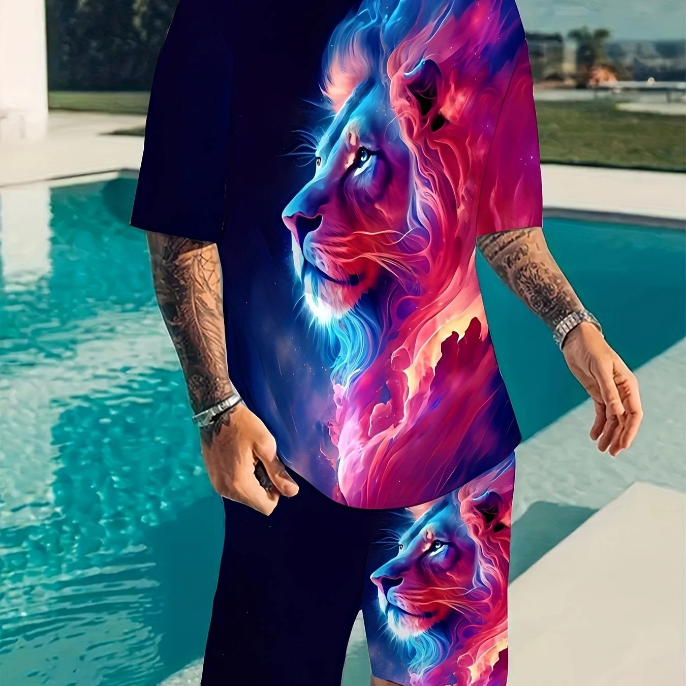 

Colored Lion Suits Pattern Print, Men's 2pcs Outfits, Casual Crew Neck Short Sleeve T-shirt And Shorts Set For Summer, Men's Clothing