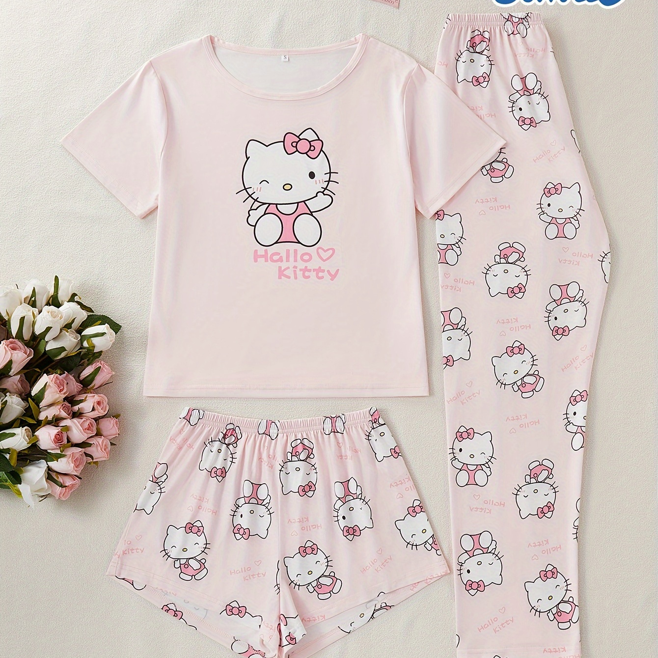 

Sanrio Hello Kitty 3pcs Pajama Set For Women, Cute Cartoon Print, Polyester 95% Elastane 5%, Crew Neck Short Sleeve Top With Long Pants, Knit Fabric Sleepwear