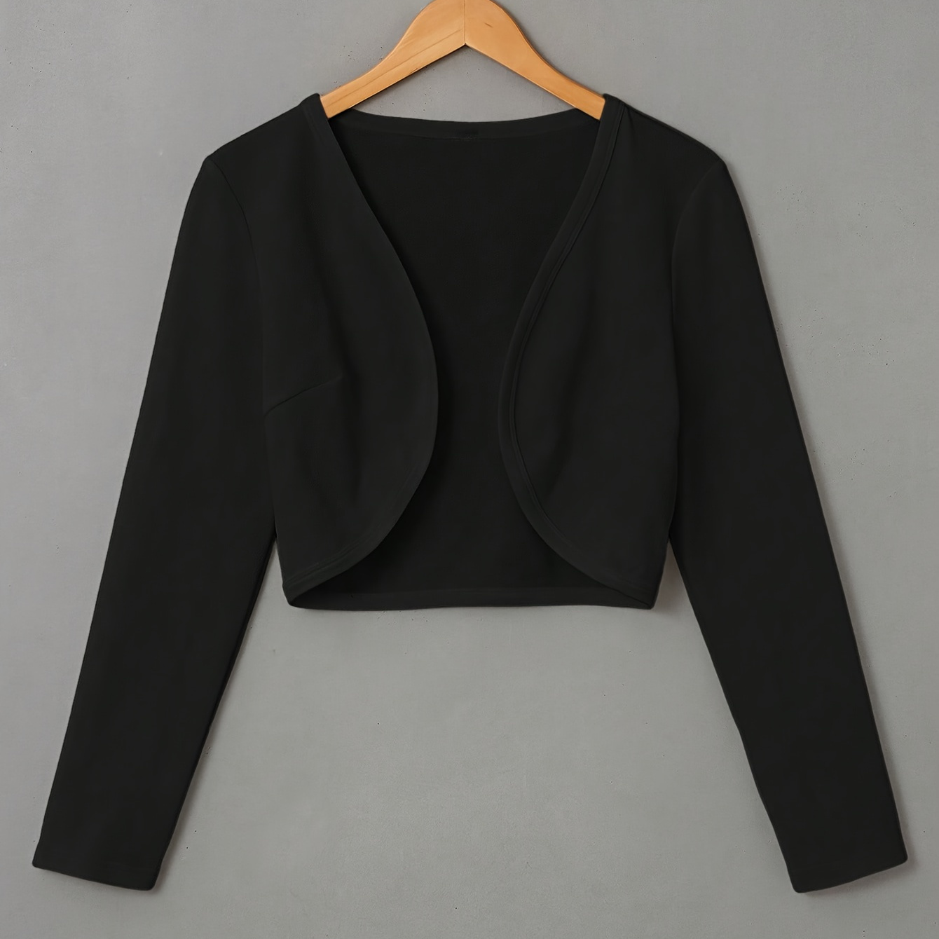 

Solid Color Open Front Cropped Jacket, Casual Long Sleeve Lightweight For Spring & Fall, Women's Clothing