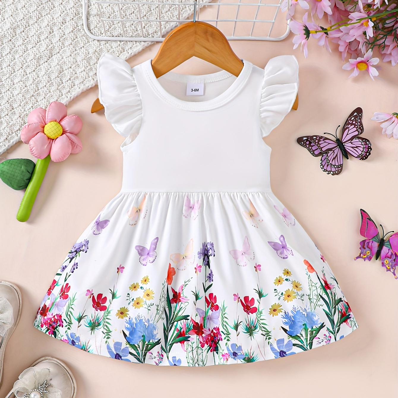

Baby Girl's Dress, Flying Sleeve Flower And Butterfly Print Dress, Baby's Clothes For Summer