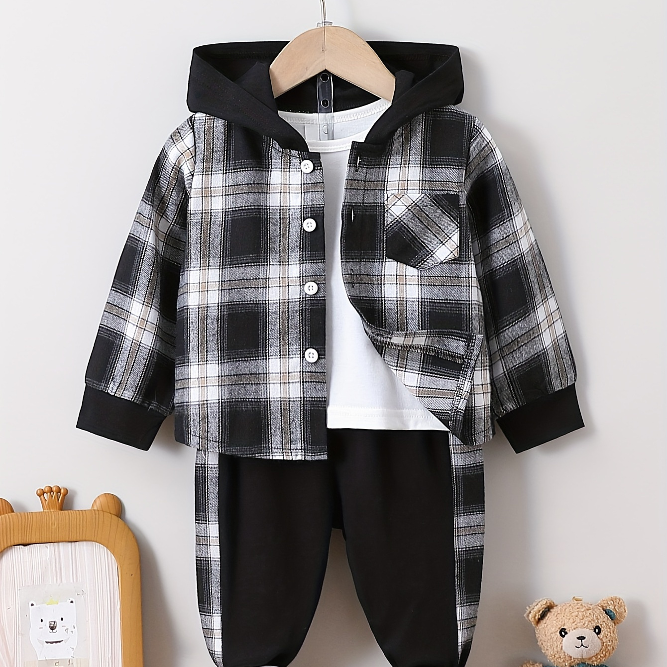 

Toddler Baby Boys Classic Plaid Hooded Shirt Long Sleeve Set, Kids Casual Outfits