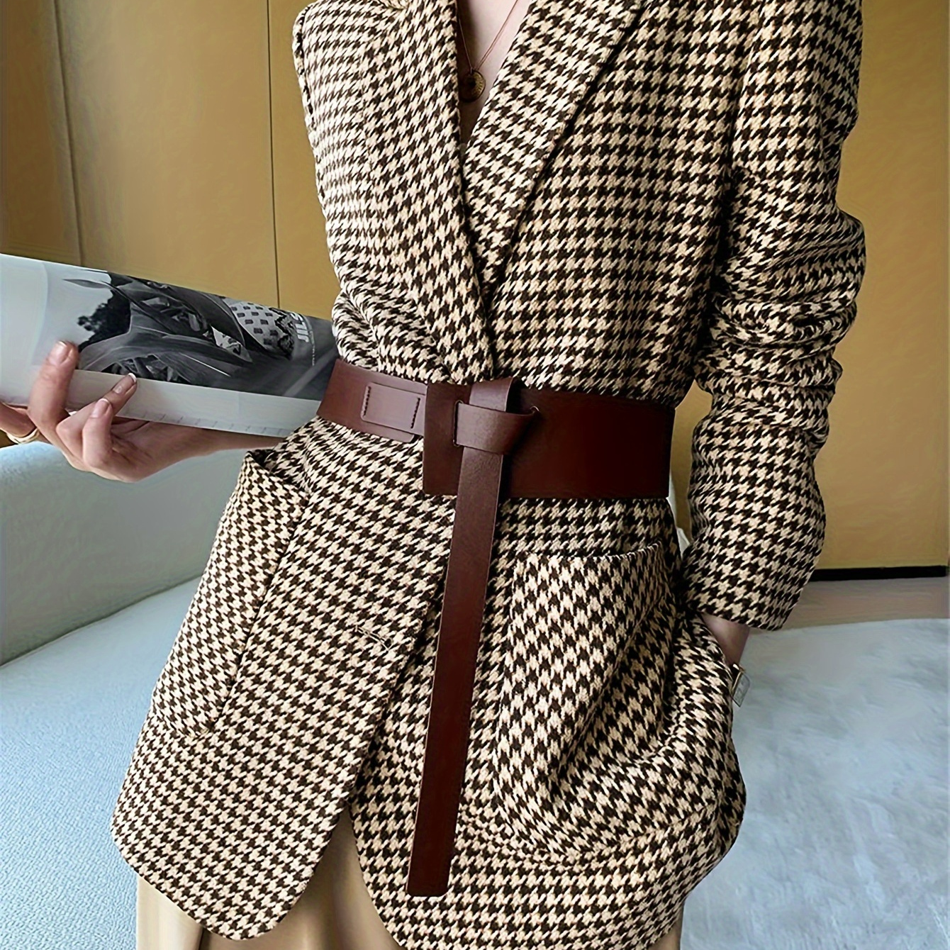 

Women' Blazer, 2024 New Elegant Autumn/winter Belted Trench Coat, Polyester, Long Sleeve, Regular Fit, Single-breasted, Non-waterproof, H-shape, Woven