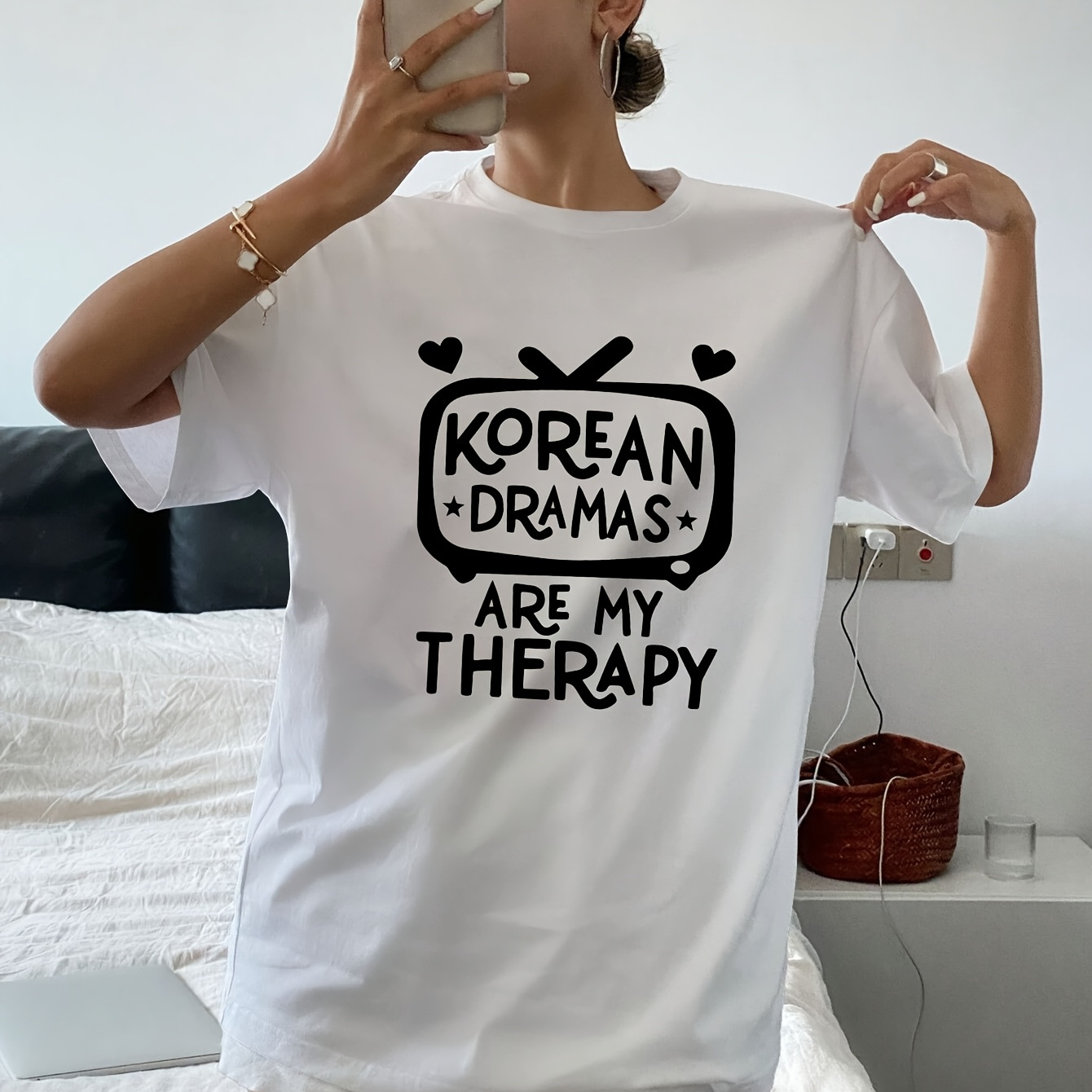 

Women's Casual Crew Neck T-shirt With "korean Dramas Are My " Slogan, Polyester Knit Fabric, Regular Length, , 95% Polyester 5% Elastane, Tshirt|relaxed Fit|polyester