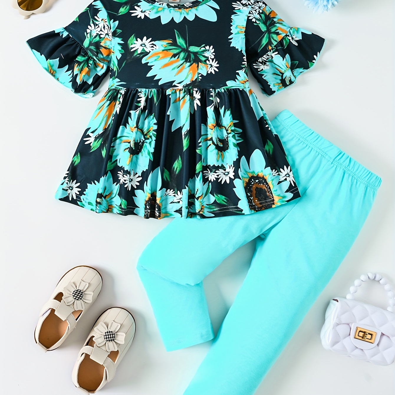 

2pcs Flora Print Short Sleeve Pullover + Solid Pants Set Girls Spring Summer Fall Christmas Gift