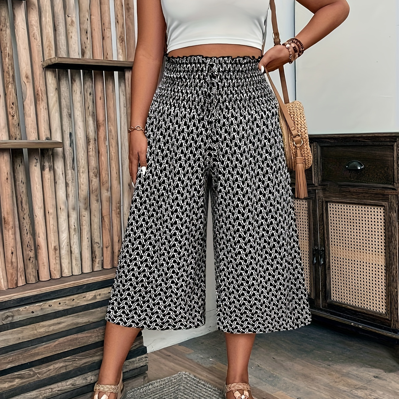 

Plus Size Allover Print Wide Leg Pants, Elegant Shiring Waist Loose Pants For Spring & Summer, Women's Plus Size clothing