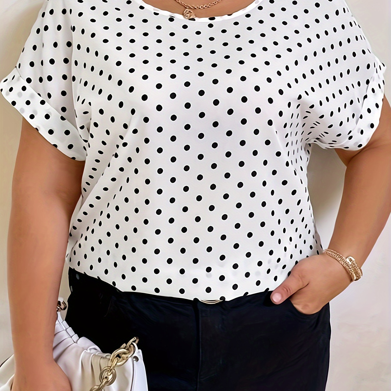 

Plus Size Polka Dot Print Blouse, Casual Crew Neck Short Sleeve Blouse For Summer, Women's Plus Size clothing