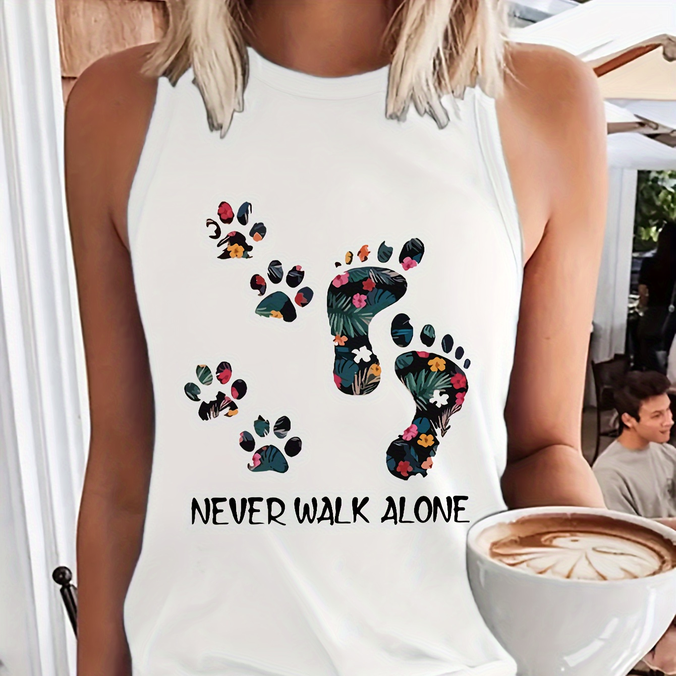 

Never Walk Alone Print Tank Top, Sleeveless Crew Neck Casual Top For Summer & Spring, Women's Clothing