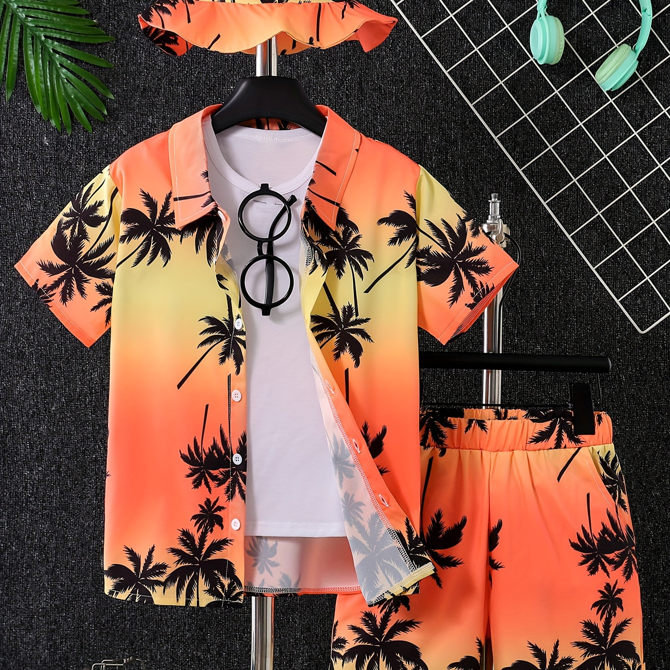 

2pcs Boys Holiday Beach Sunset Coconut Tree Graphic Print Short Sleeve Lapel Shirt & Shorts & Hat Set, Comfy Summer Boys Clothing