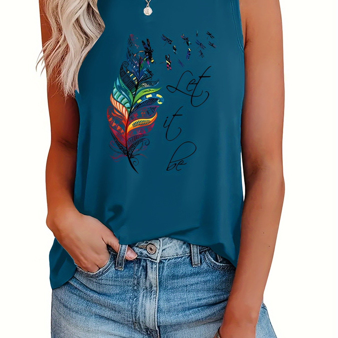 

Plus Size Feather Print Tank Top, Casual Crew Neck Sleeveless Tank Top For Summer, Women's Plus Size clothing