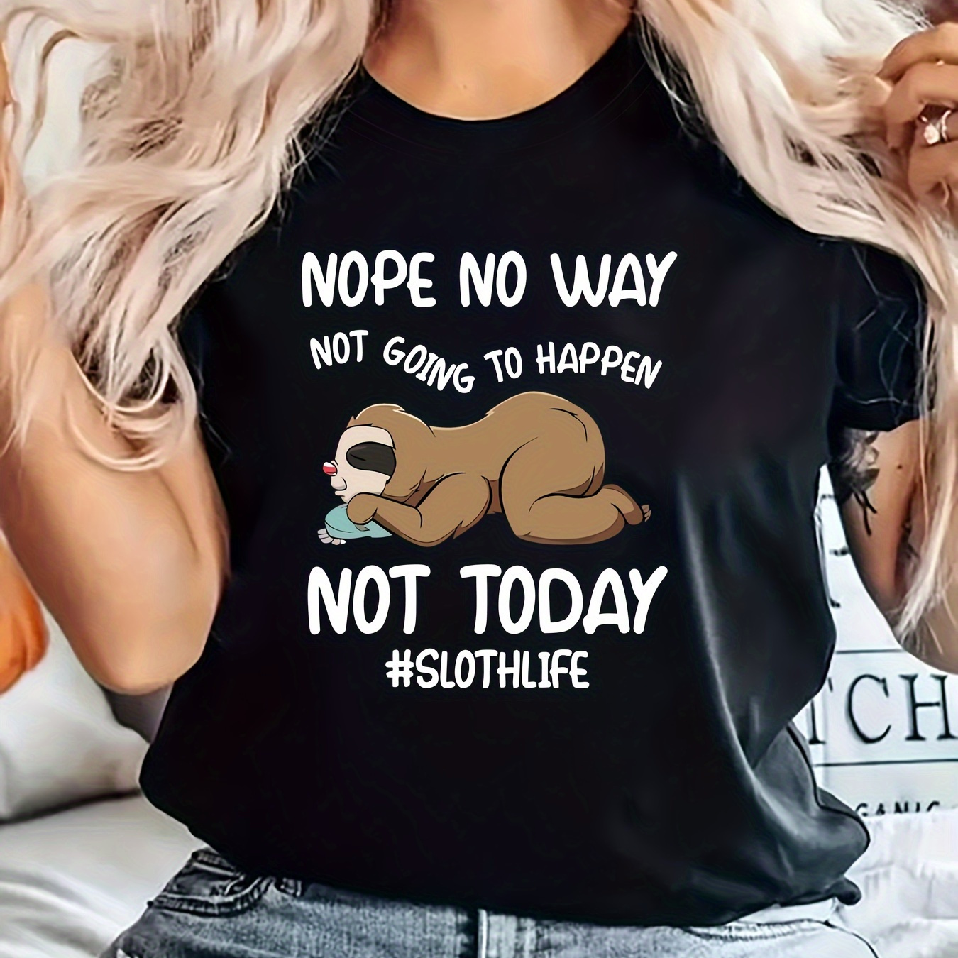 

Cute Cartoon Sloth Print T-shirt, Short Sleeve Crew Neck Casual Top For Summer & Spring, Women's Clothing