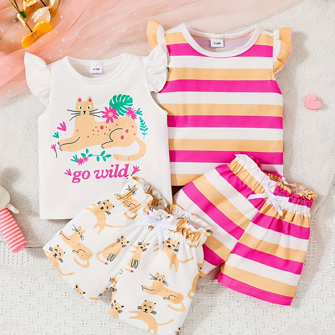 

2 Sets Baby's Cat & Stripe Pattern Casual Summer Outfit, Cap Sleeve Top & Shorts Set, Toddler & Infant Girl's Clothes For Daily/holiday, As Gift