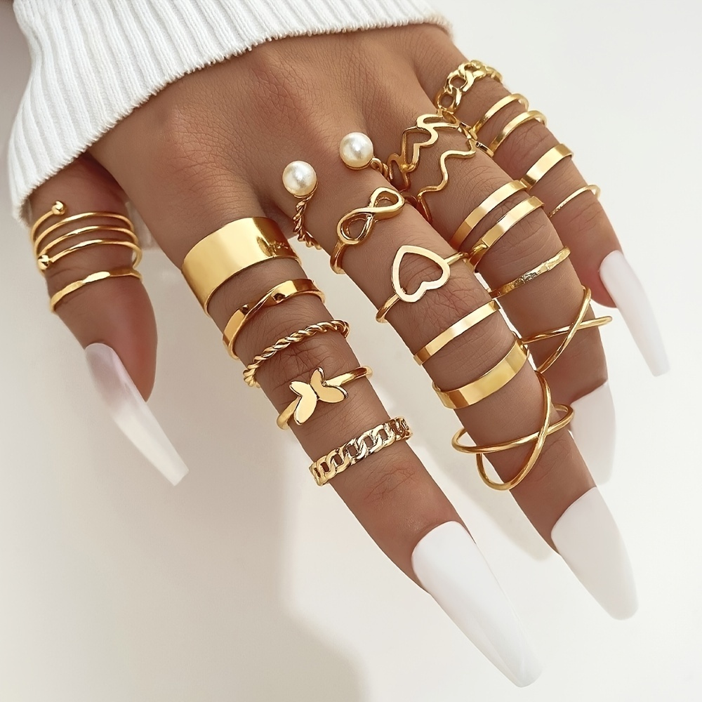 

22pcs Personality Exaggerated Golden Silver Color Twist Wave Love Pattern Rings Women's Joint Ring Set Party Favors