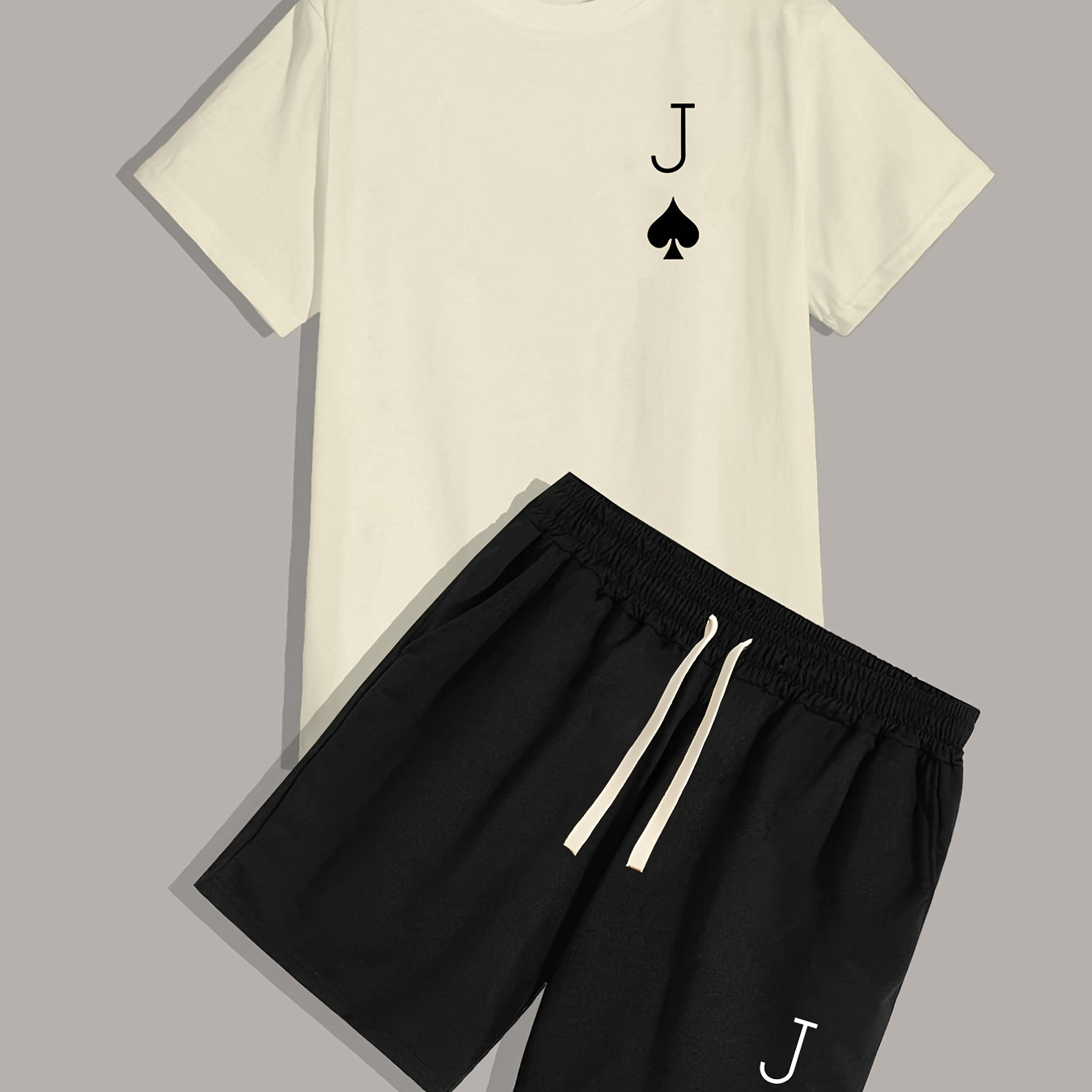 

J Print, Men's 2 Pieces Outfits, Round Neck Short Sleeve T-shirt And Drawstring Shorts Set