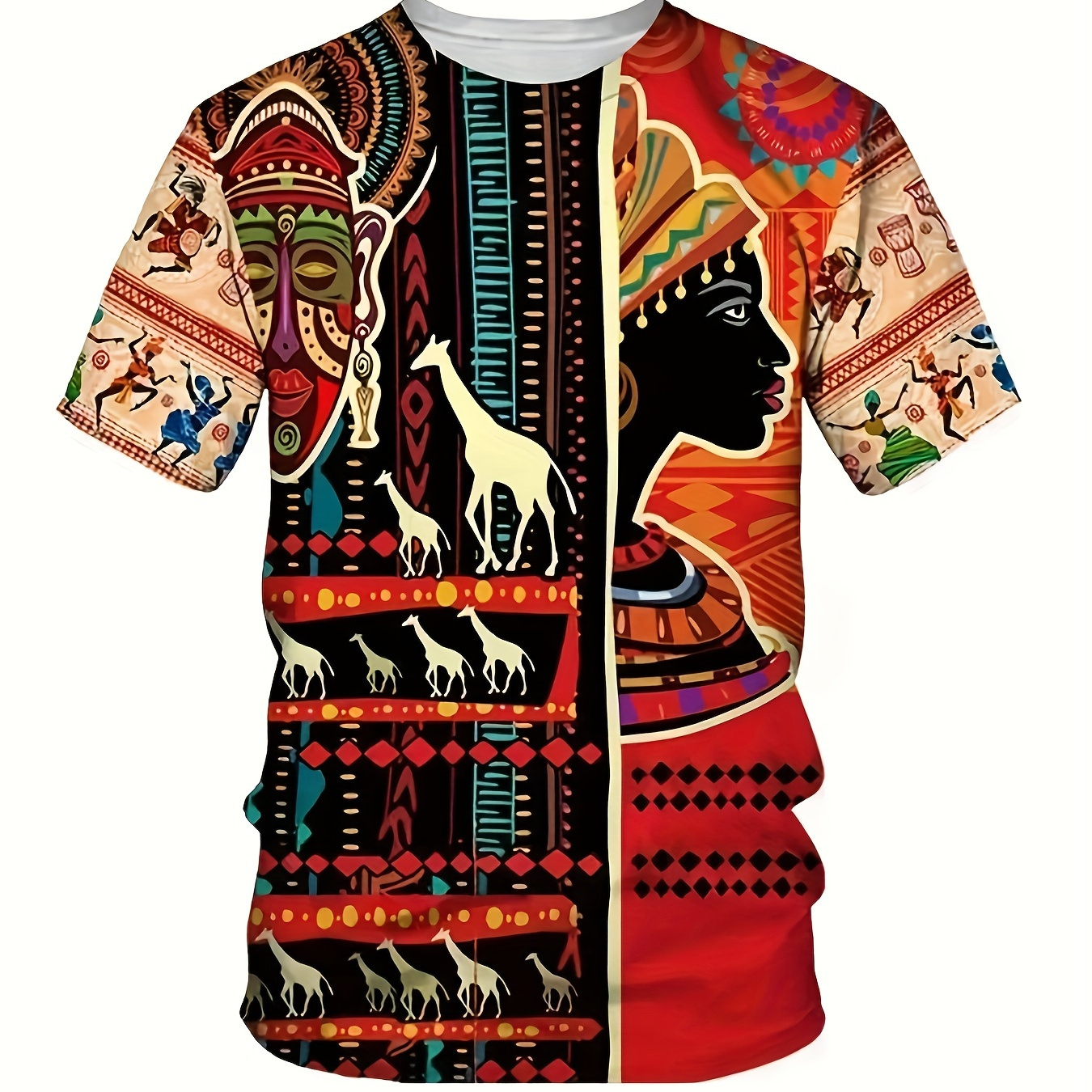 

Men's Ethnic Style Giraffe And Figure Portrait Graphic Pattern Print Crew Neck And Short Sleeve T-shirt For Summer Leisurewear And Outdoors Activities, Stylish And Trendy Tops For Men