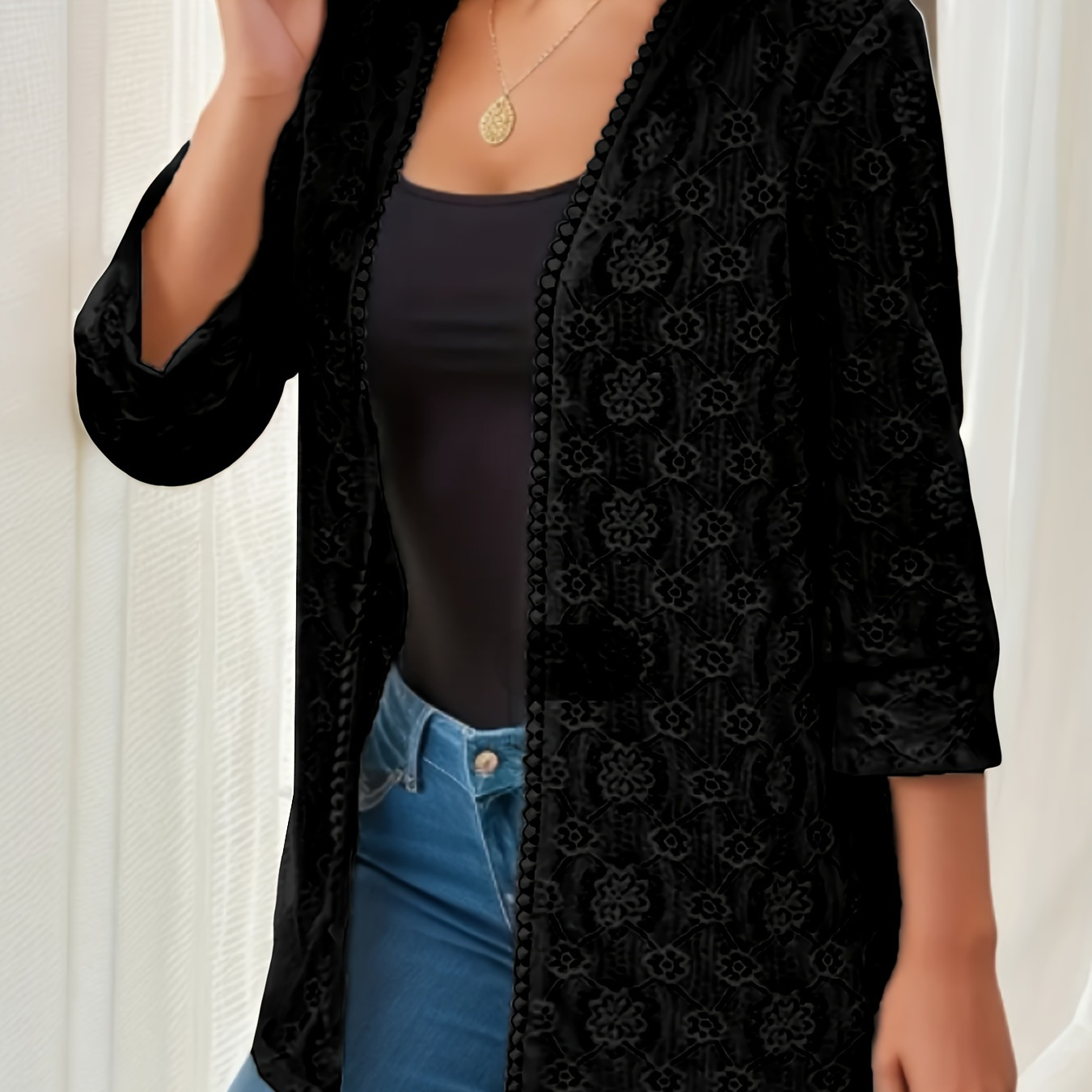 

Contrast Lace Open Front Jacket, Casual 3/4 Sleeve Jacket For Spring & Fall, Women's Clothing