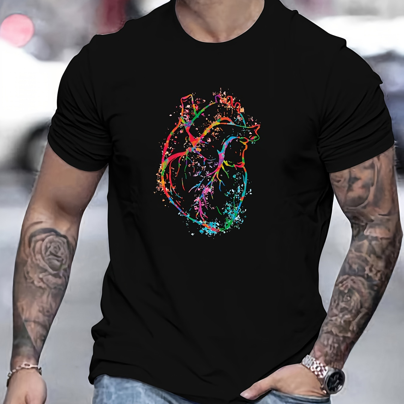 

Colorful Heart Pattern Men's Casual Round Neck Short T-sleeves, Casual And Comfy Summer T-shirt For Daily Wear And Vacation Resorts