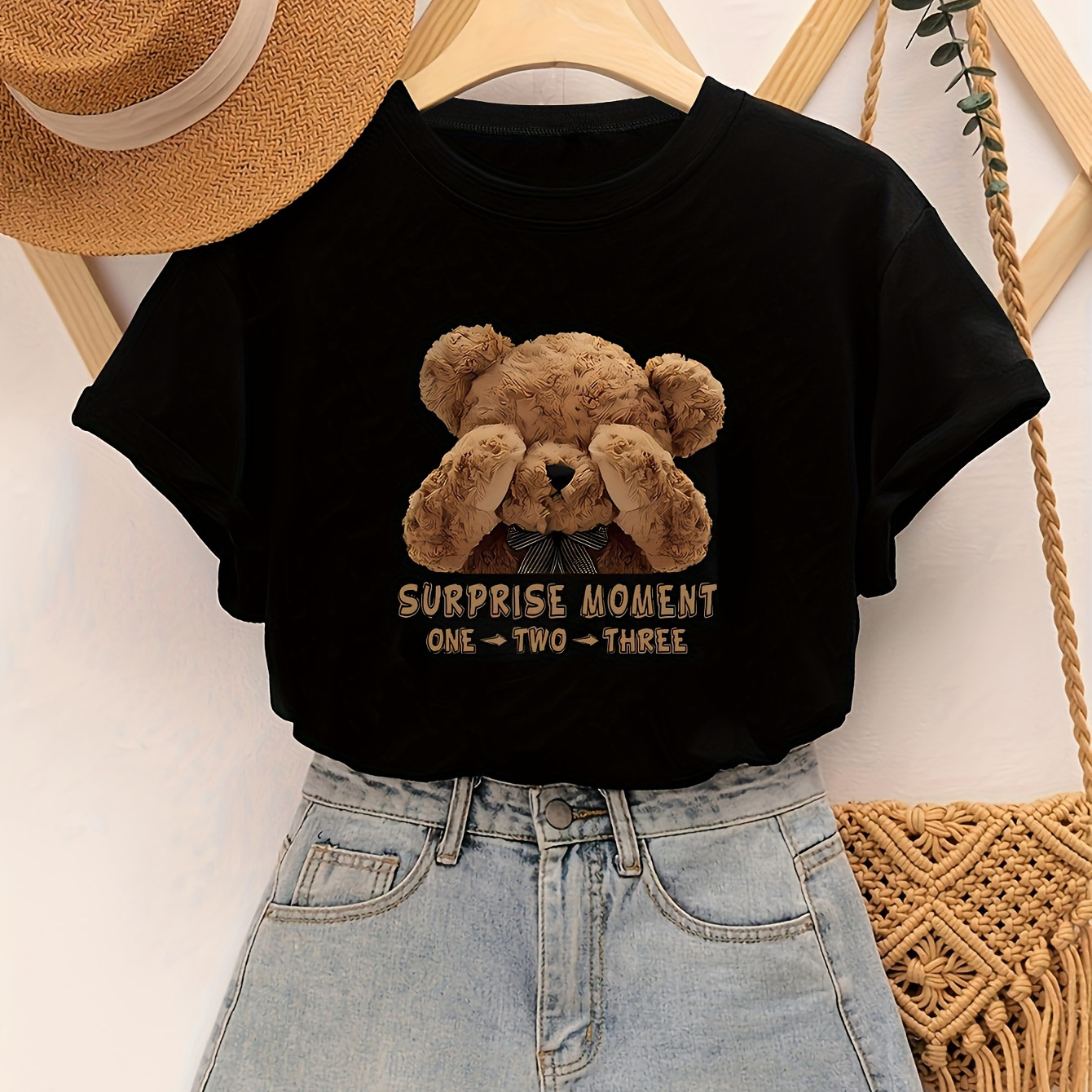 

Teddy Bear Print T-shirt, Short Sleeve Crew Neck Casual Top For Summer & Spring, Women's Clothing