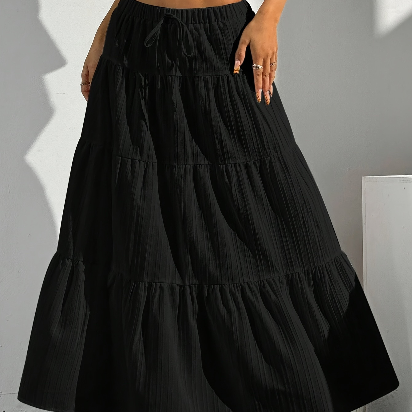 

Elegant Black Drawstring Maxi Skirt For Women - Solid Color, Detail, Polyester, Machine Washable, Skirt| Skirt| Texture