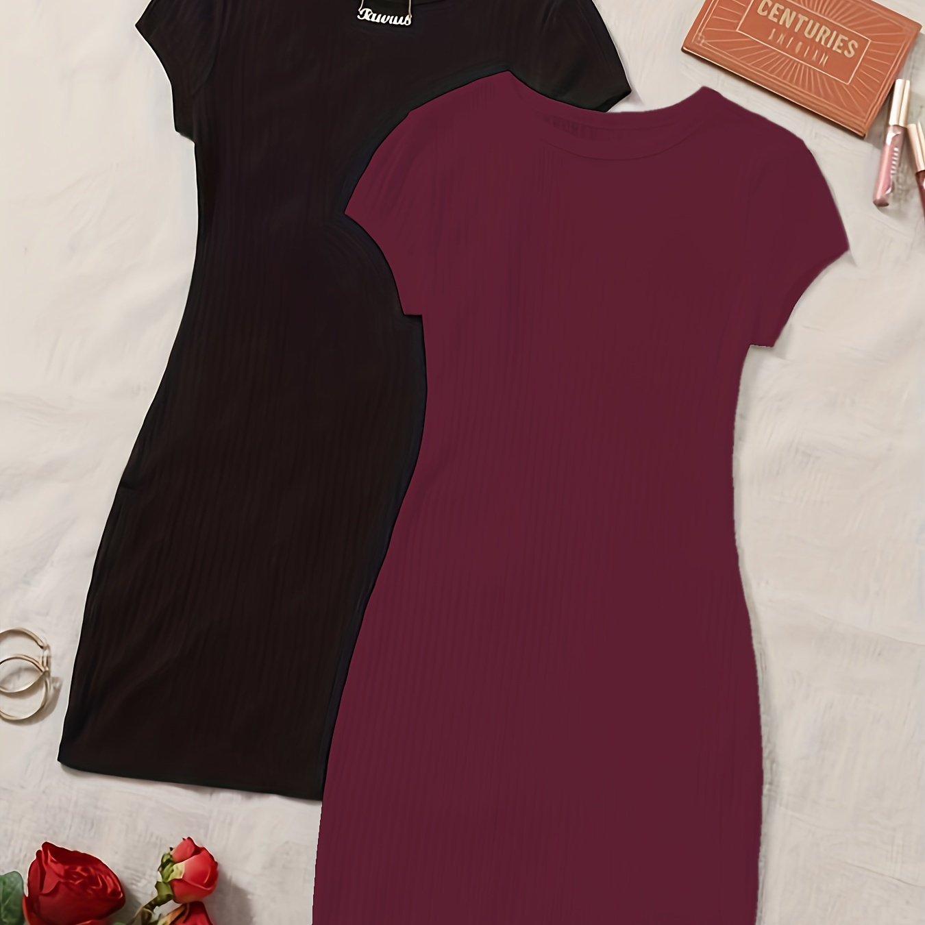 

2pcs Elegant Ribbed Knit Pencil Dresses In Burgundy & Black - Stretchy Polyester/spandex , Crew Neck, Short Sleeve, Machine Washable - Chic Attire For Women, Cute Dresses