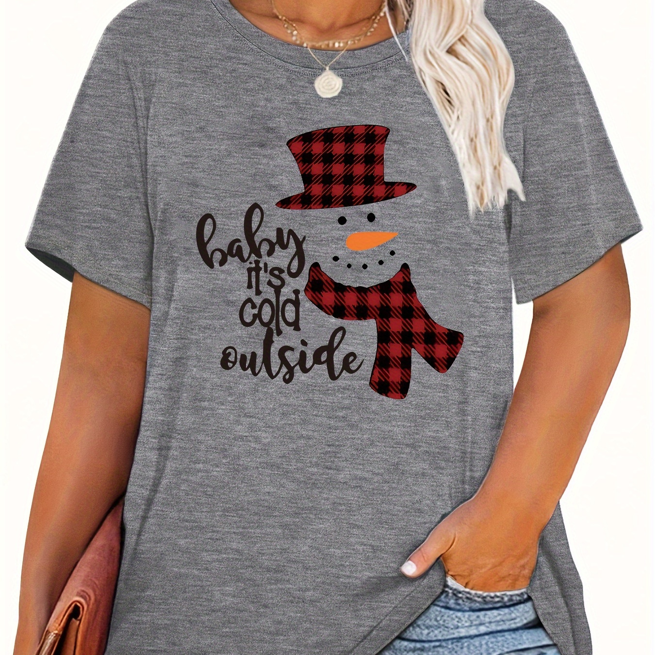 

Plus Size Christmas Snowman Print T-shirt For Women, Cotton Blend Knit Fabric, Casual Crew Neck Top With Slight Stretch For All Seasons