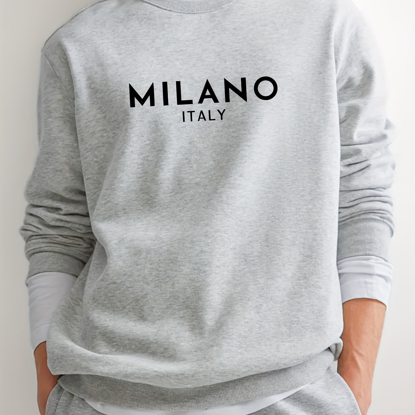 

Men's Casual Crew Neck Sweatshirt With Milano Italy Letter Print, Long Sleeve, Geometric Pattern, Regular Fit