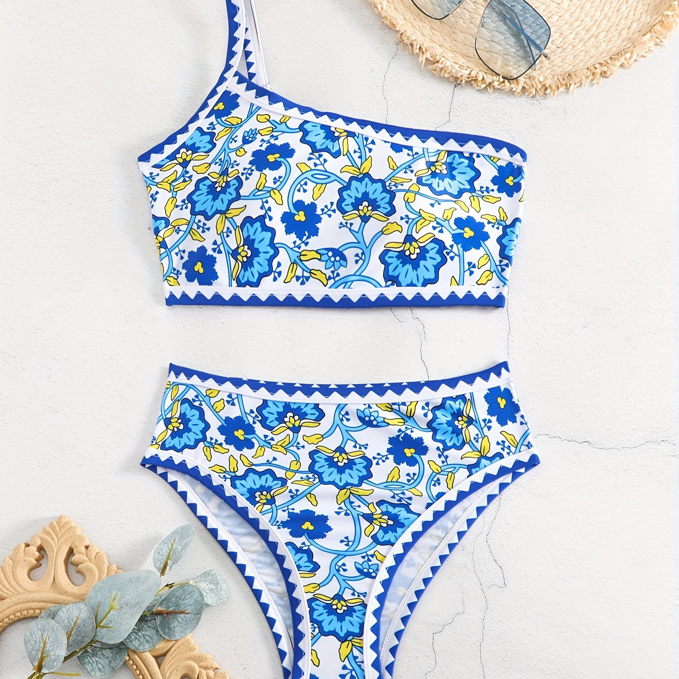 

Floral Pattern Asymmetrical 2 Piece Set Bikini, 1 Shoulder Stretchy High Cut Swimsuits, Women's Swimwear & Clothing