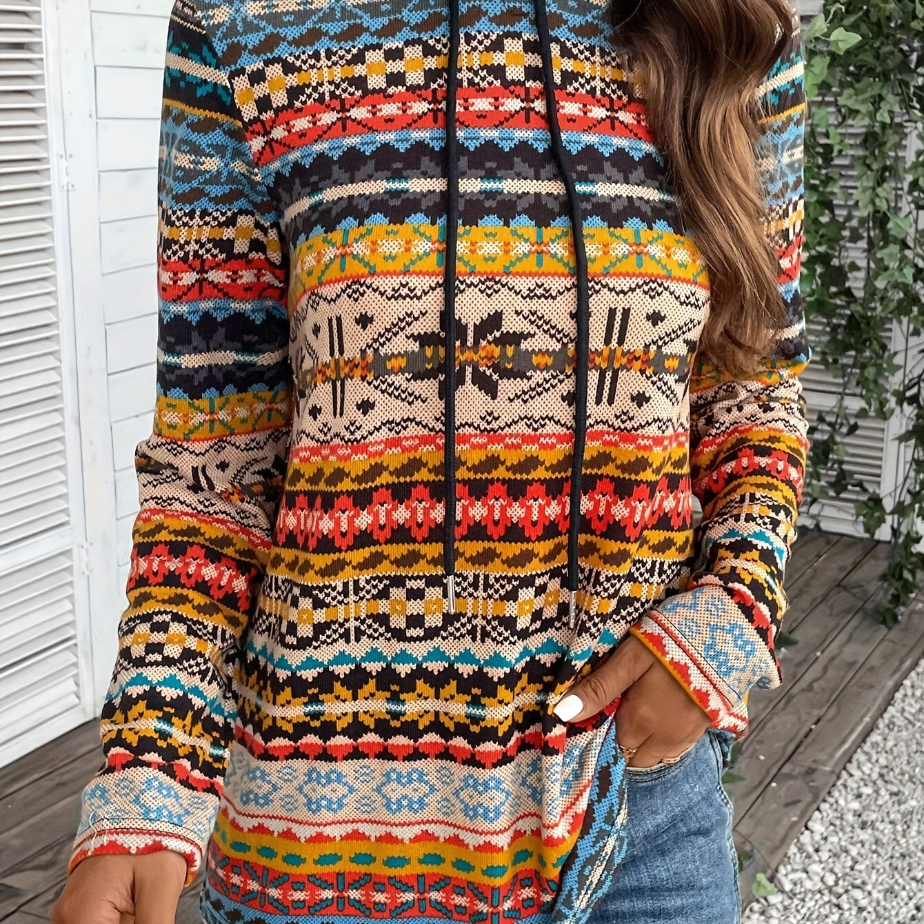 

Aztec Pattern Mock Neck Drawstring Top, Casual Long Sleeve Top For Spring & Fall, Women's Clothing