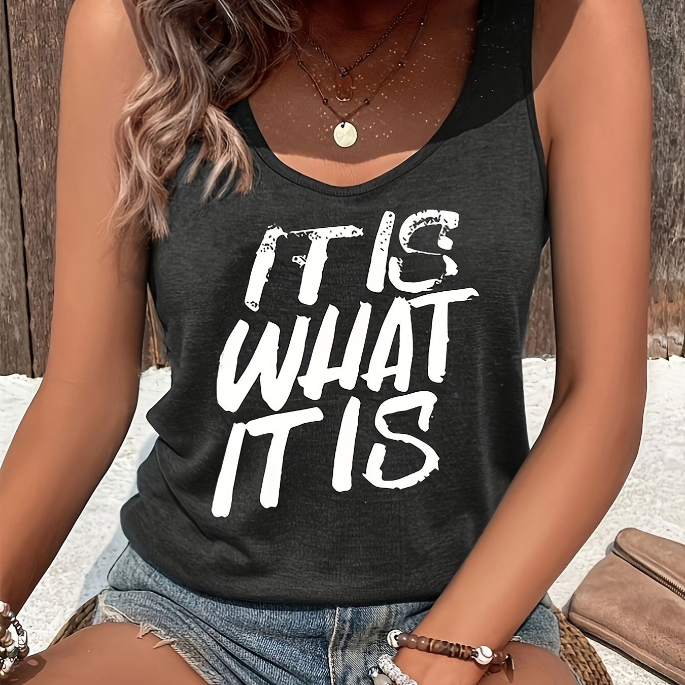 

Letter Print Crew Neck Tank Top, Casual Sleeveless Top For Spring & Summer, Women's Clothing