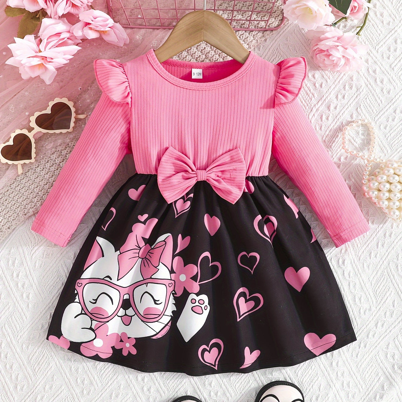 

Spring/fall Cute Crew Neck Cartoon Cat & Heart Print Umbrella Dress With Bow Detail, Polyester Knit Fabric With Medium Stretch, Long Regular Sleeve - Toddler Playwear Dress