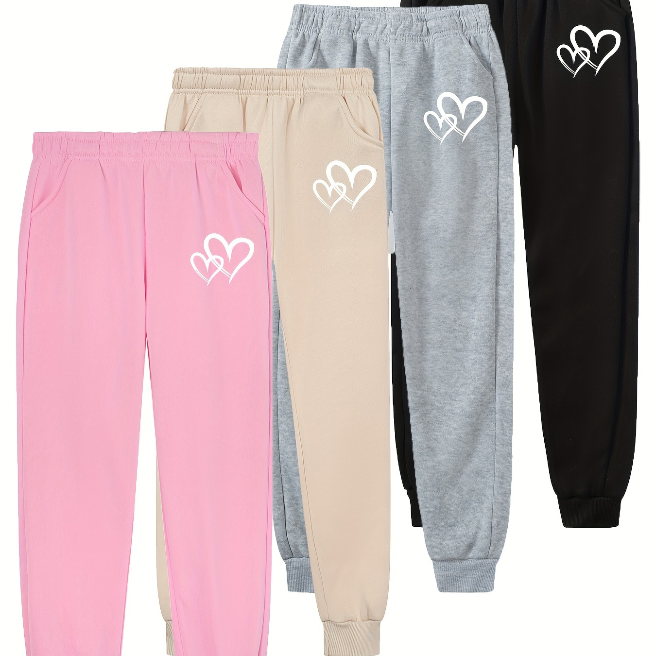 

4pcs Girls' Casual Heart Print Jogger Pants, Polyester, Elastic Waist, Pockets, Fall/winter