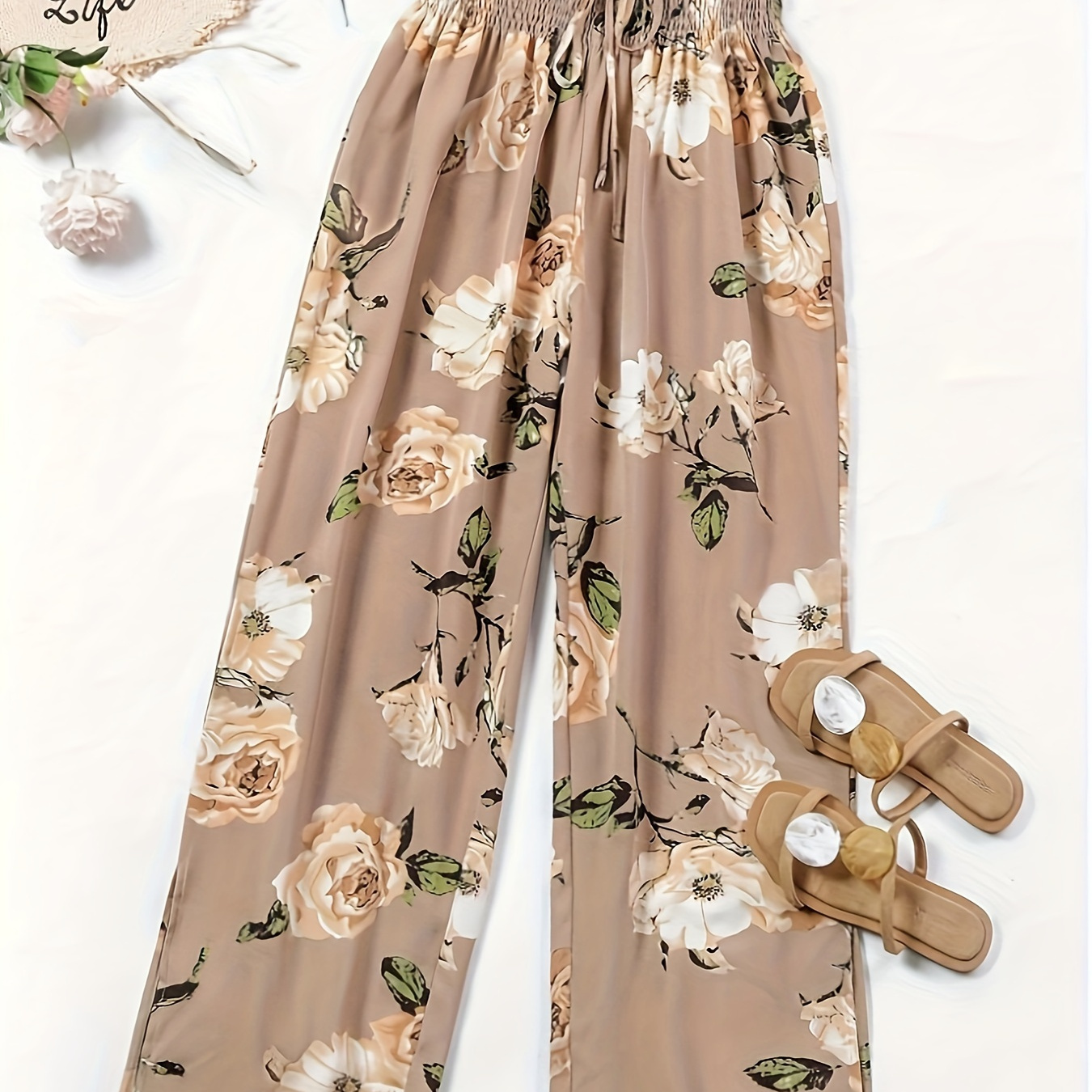 

Plus Size Floral Print Straight Leg Pants, Casual Elastic Waist Pants For Spring & Summer, Women's Plus Size Clothing