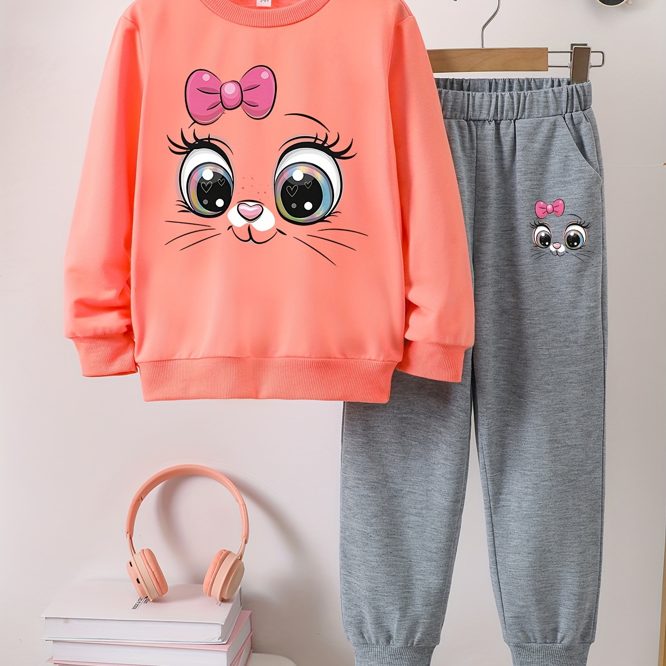 

Girls' Spring/autumn Casual Cartoon Cat Print Long Sleeve Pullover Sweatshirt And Pants Set