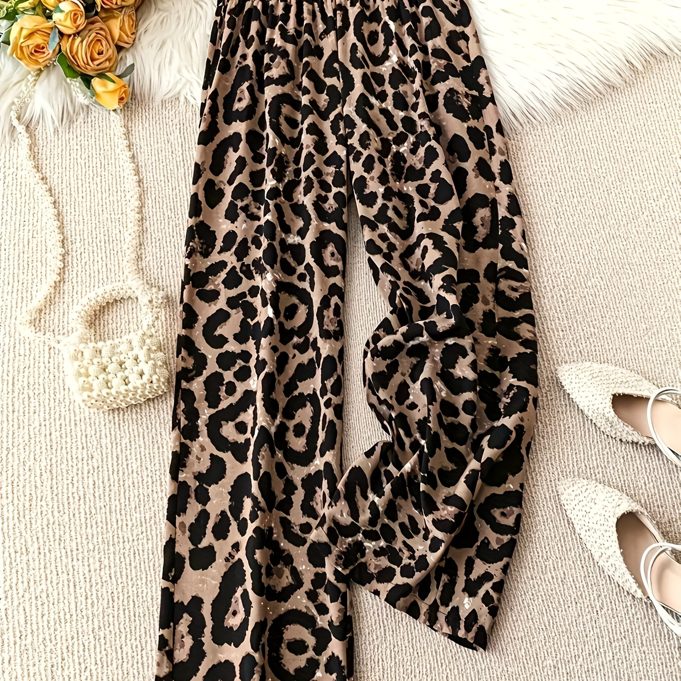 

1pc Elegant Leopard Print Wide Leg Pants For Women, Casual Loose Fit, Long Length, Waistband, Shirred Detail, Polyester Woven Material, Wear