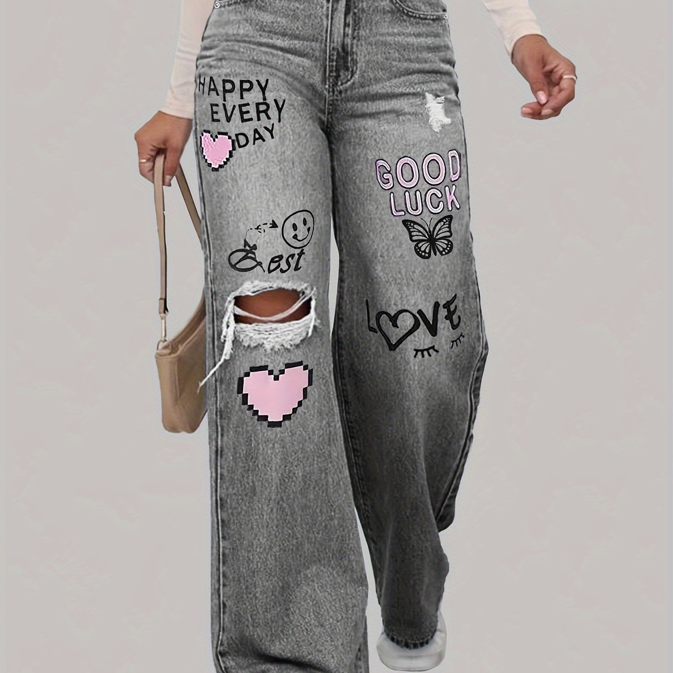 

Elegant Wide Leg Denim Jeans For Women - Non-stretch Cotton With Ripped , Button Fly, Low Waist Straight Fit Long Trousers With Printed For Casual Wear