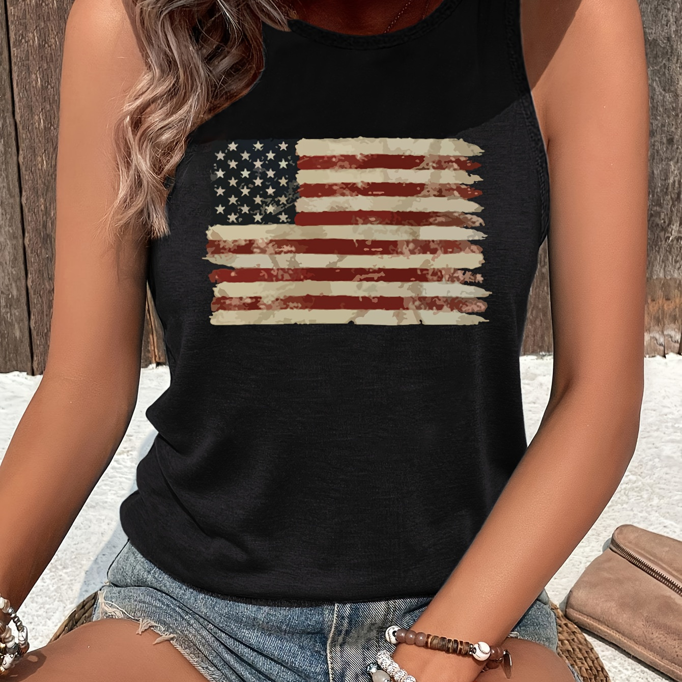 

American Flag Print Tank Top, Sleeveless Crew Neck Casual Top For Summer & Spring, Women's Clothing