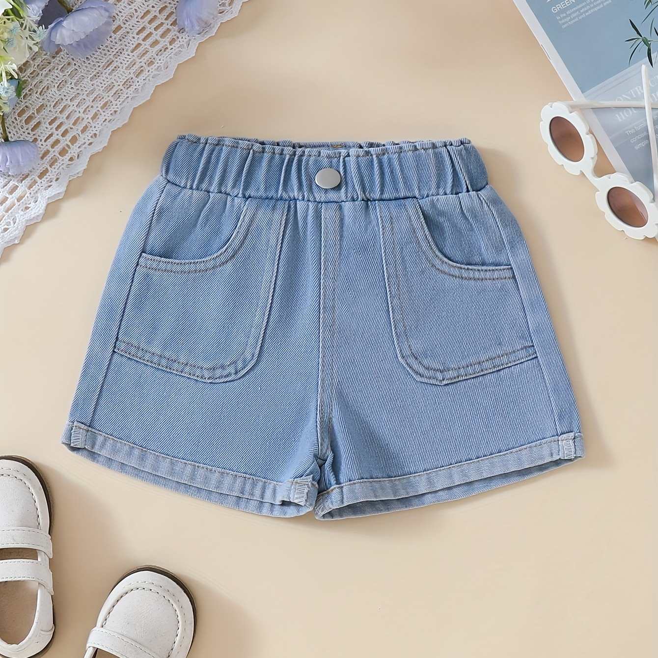 

Girls Comfy Solid Elastic Waist Denim Shorts With Pocket For Summer Gift