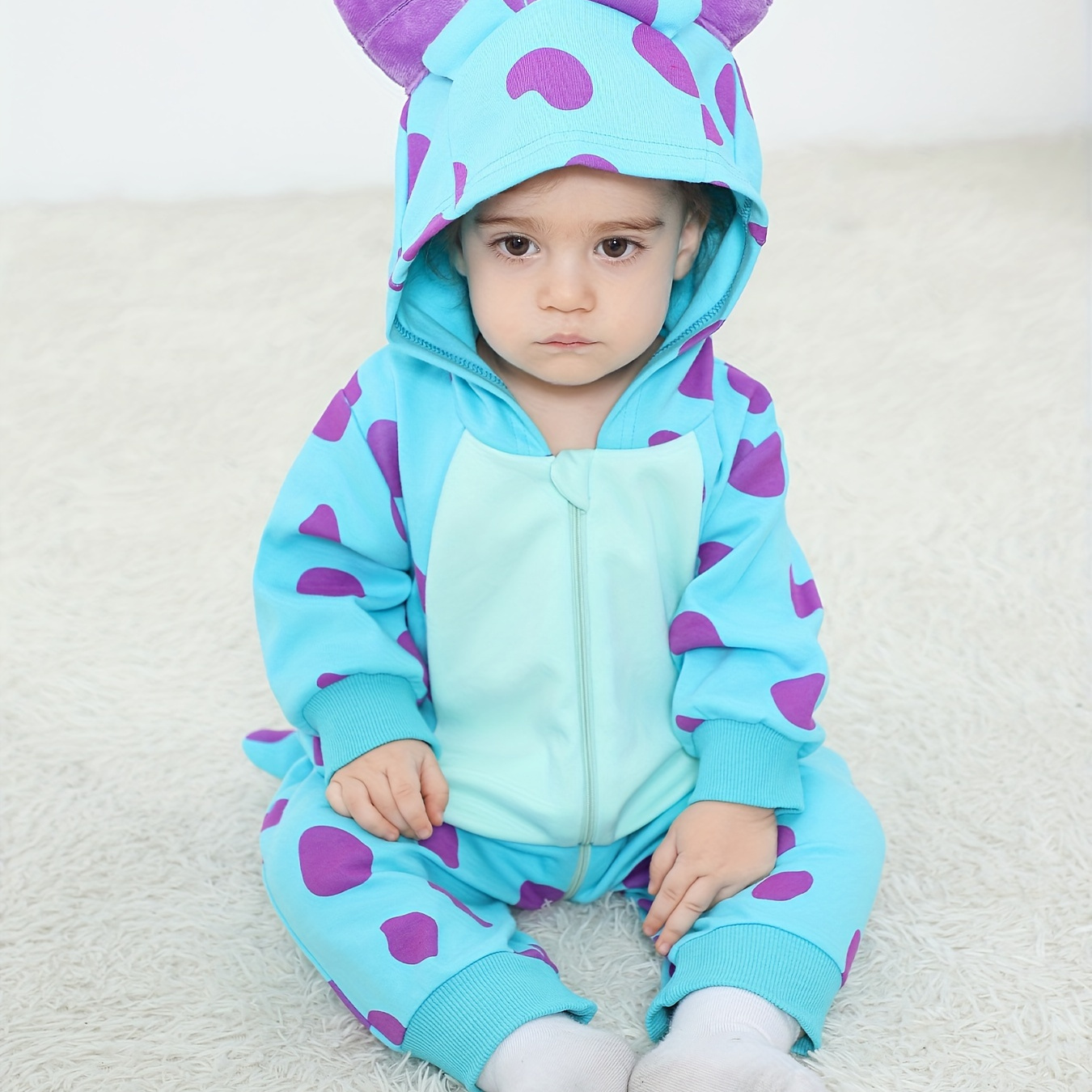

Unisex Baby Lovely Monster Themed Hooded Pure Cotton Bodysuit, Casual Zip Up Long Sleeve Onesie, Baby Clothing