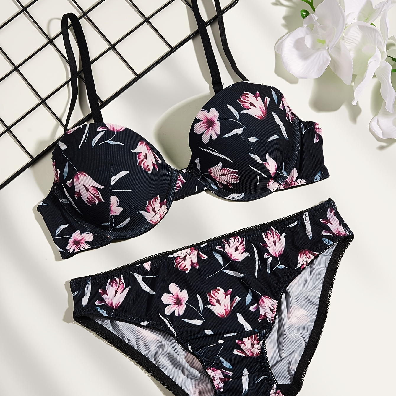 Floral Print Bra & Panties, Push Up Bra & Elastic Panties Lingerie Set,  Women's Lingerie & Underwear