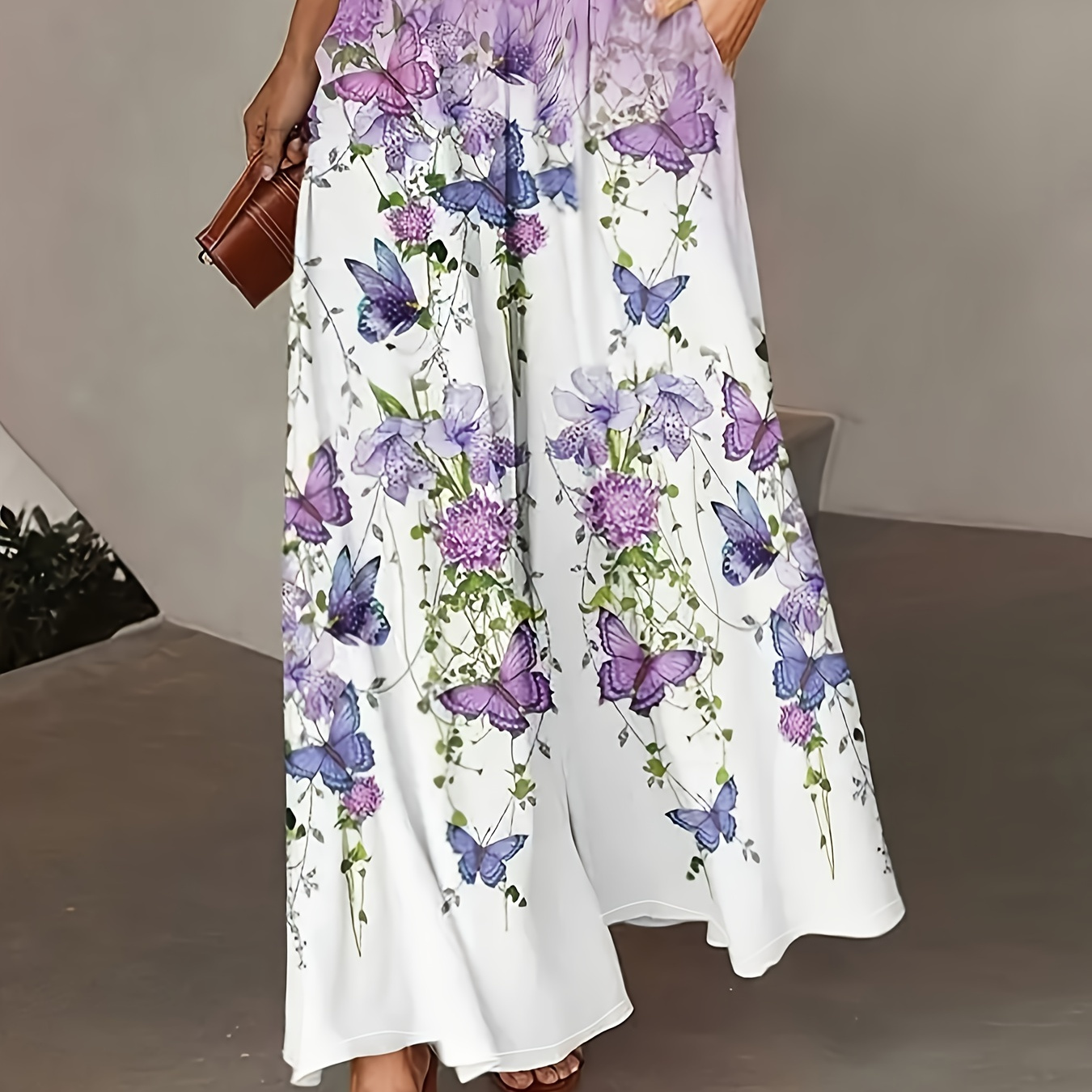 

Plus Size Butterfly & Floral Print Wide Leg Pants, Casual Elastic Waist Pants, Women's Plus Size Clothing