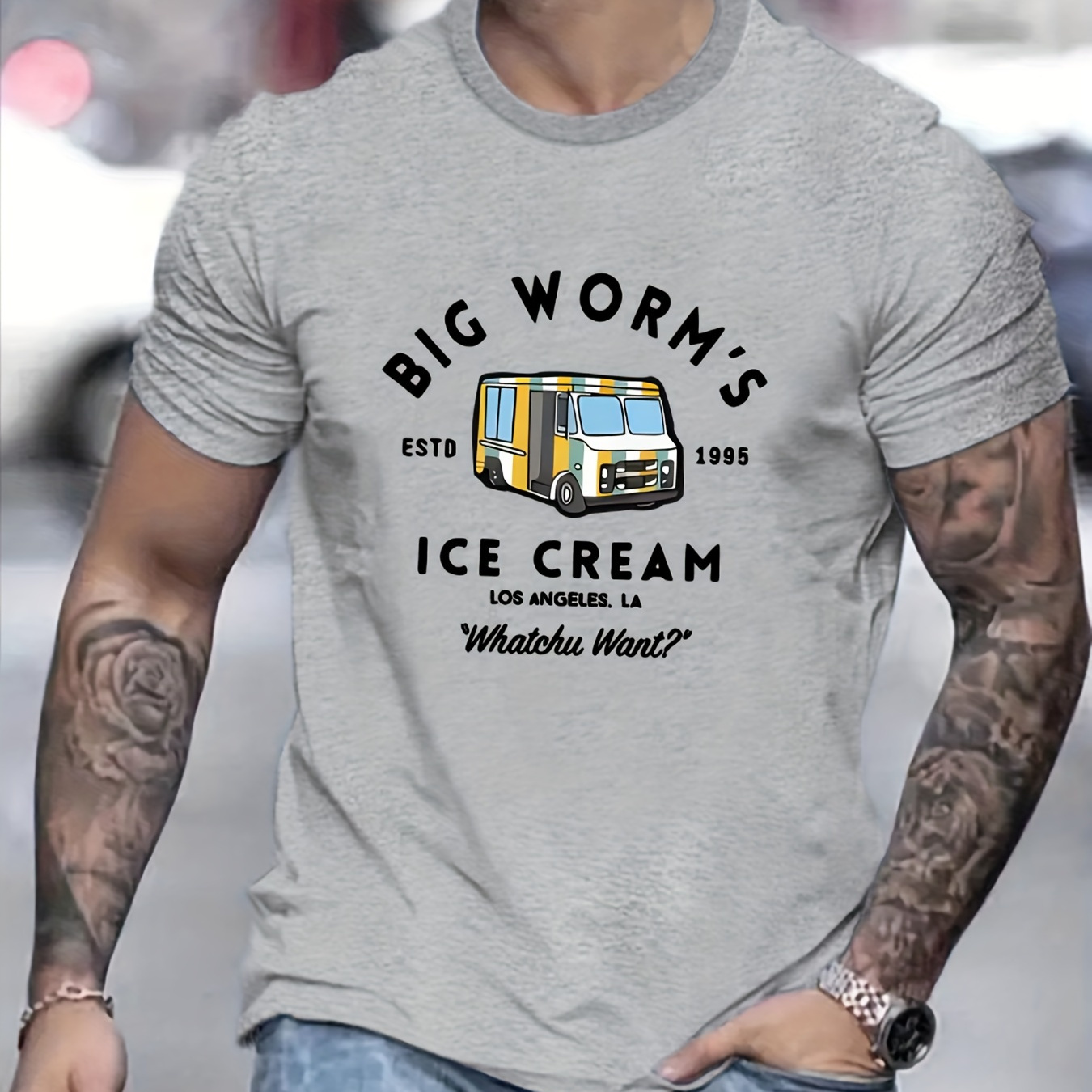 

Big Worm's Ice Cream And Anime Van Graphic Print, Men's Novel Graphic Design T-shirt, Casual Comfy Tees For Summer, Men's Clothing Tops For Daily Activities