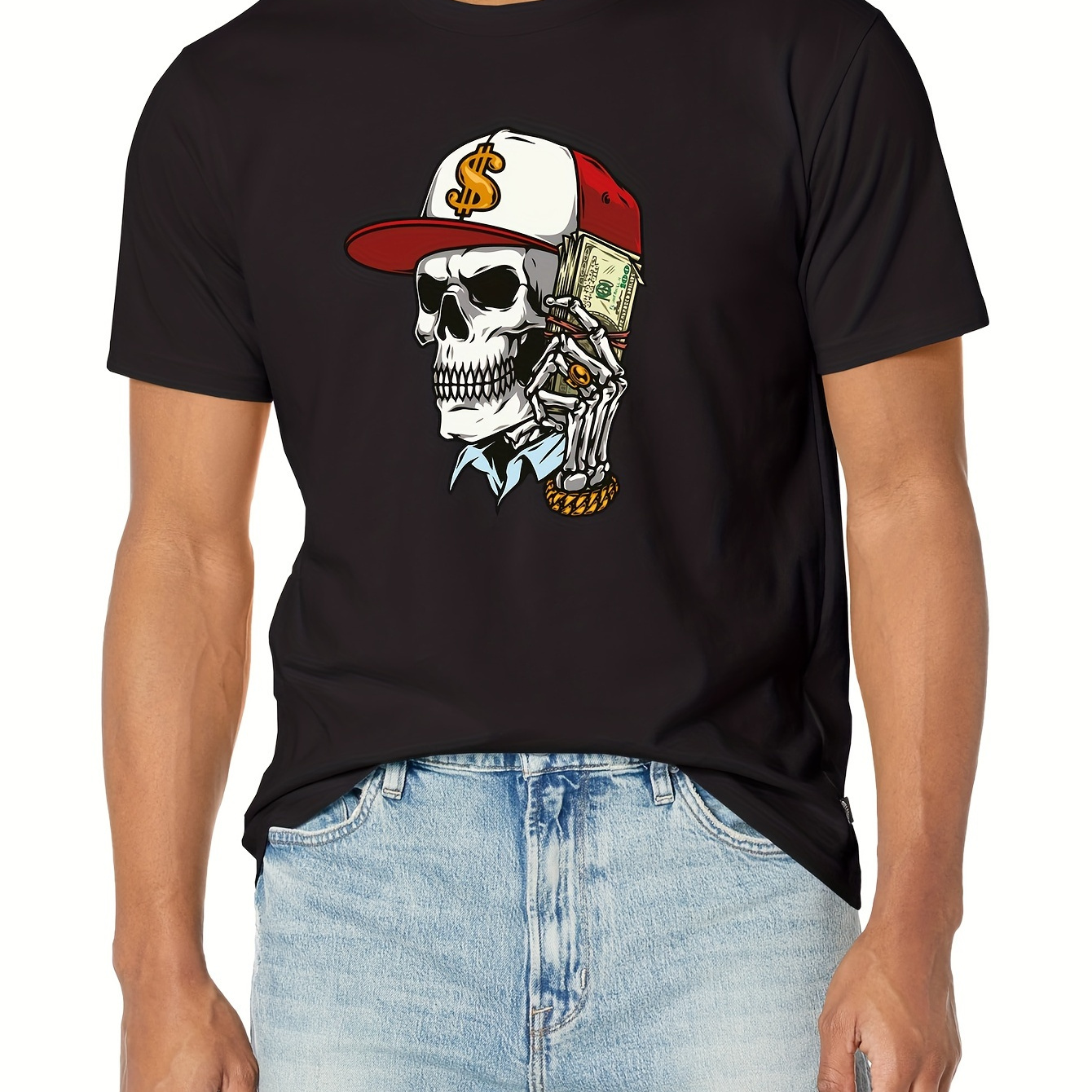 

Skull With Lots Of Money Print Tee Shirt, Tees For Men, Casual Short Sleeve T-shirt For Summer