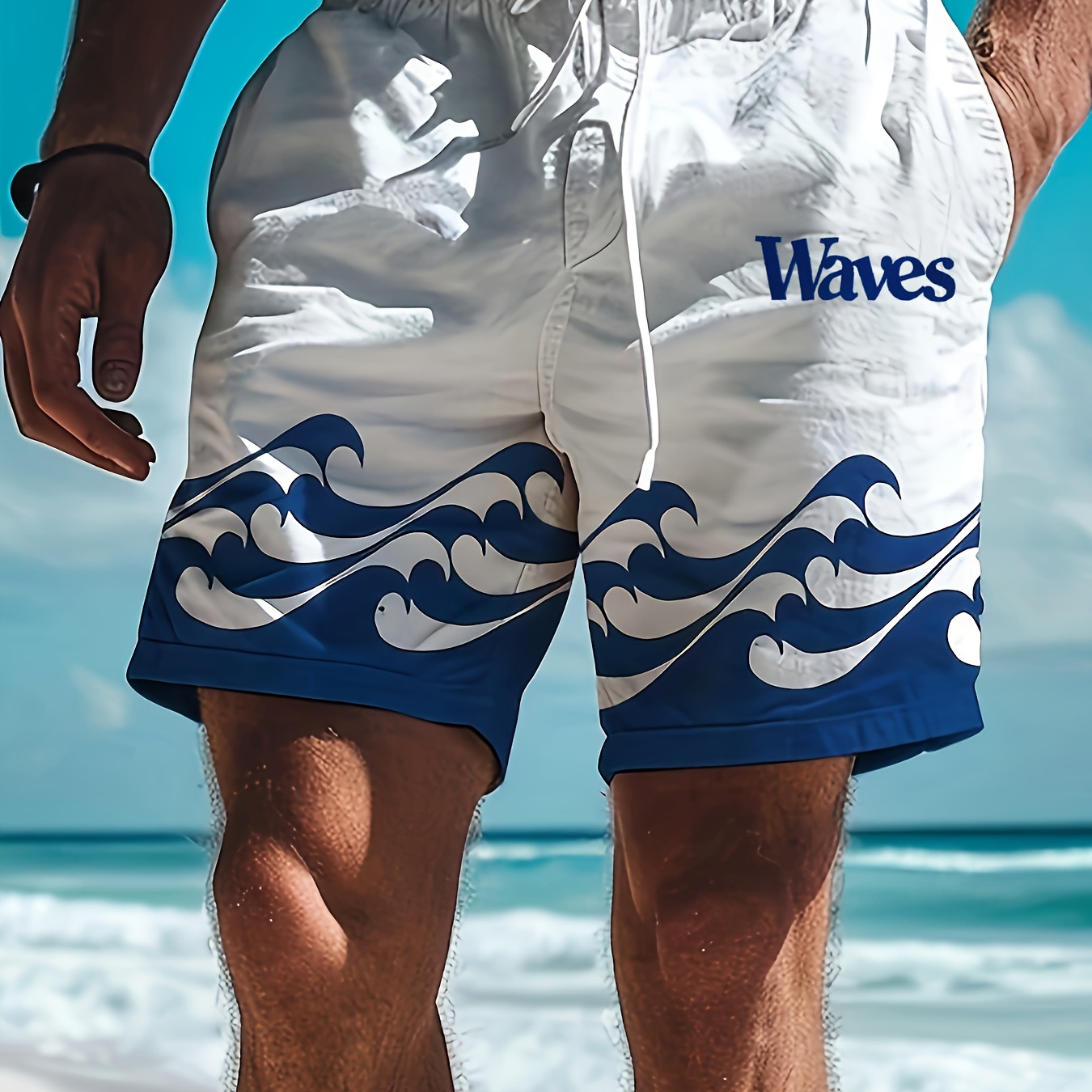 

Men's Sea Wave Pattern And Letter Print "waves" Shorts With Drawstring And Pockets, Casual And Trendy Board Shorts For Summer Leisurewear And Holiday Wear