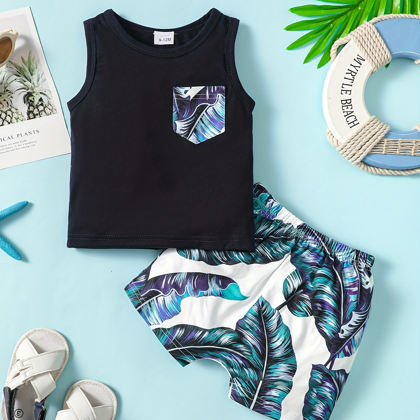 

Little Boys Stylish & Casual Outfit - Leaf Print Round Neck Tank Top & Shorts - Comfortable Breathable 2pcs Sets