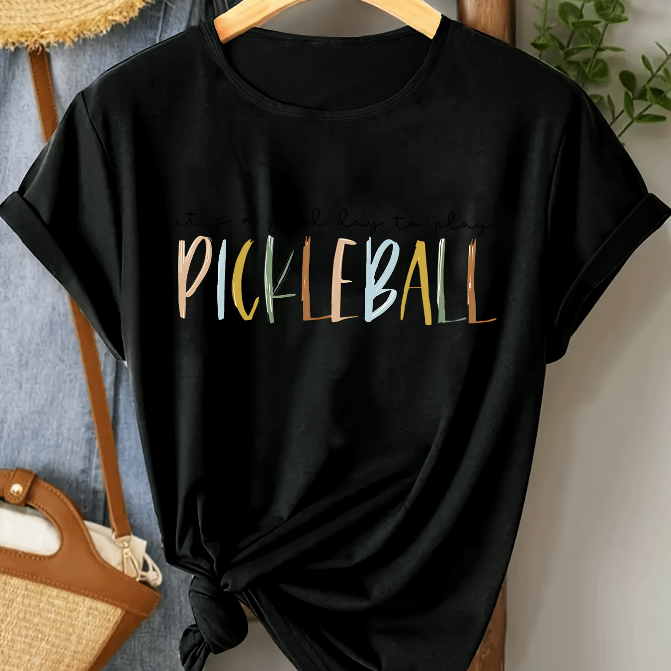 

Women's Pickleball Graphic T-shirt - Casual Sports Crew Neck Tee With Slight Stretch Polyester And Spandex , Preppy Alphabet Print For All