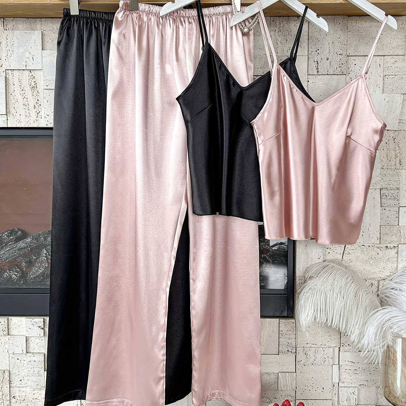 

Women's Luxe Satin Pajama Set - 4pcs V-neck Cami & Long Pants, Solid Color, Machine Washable