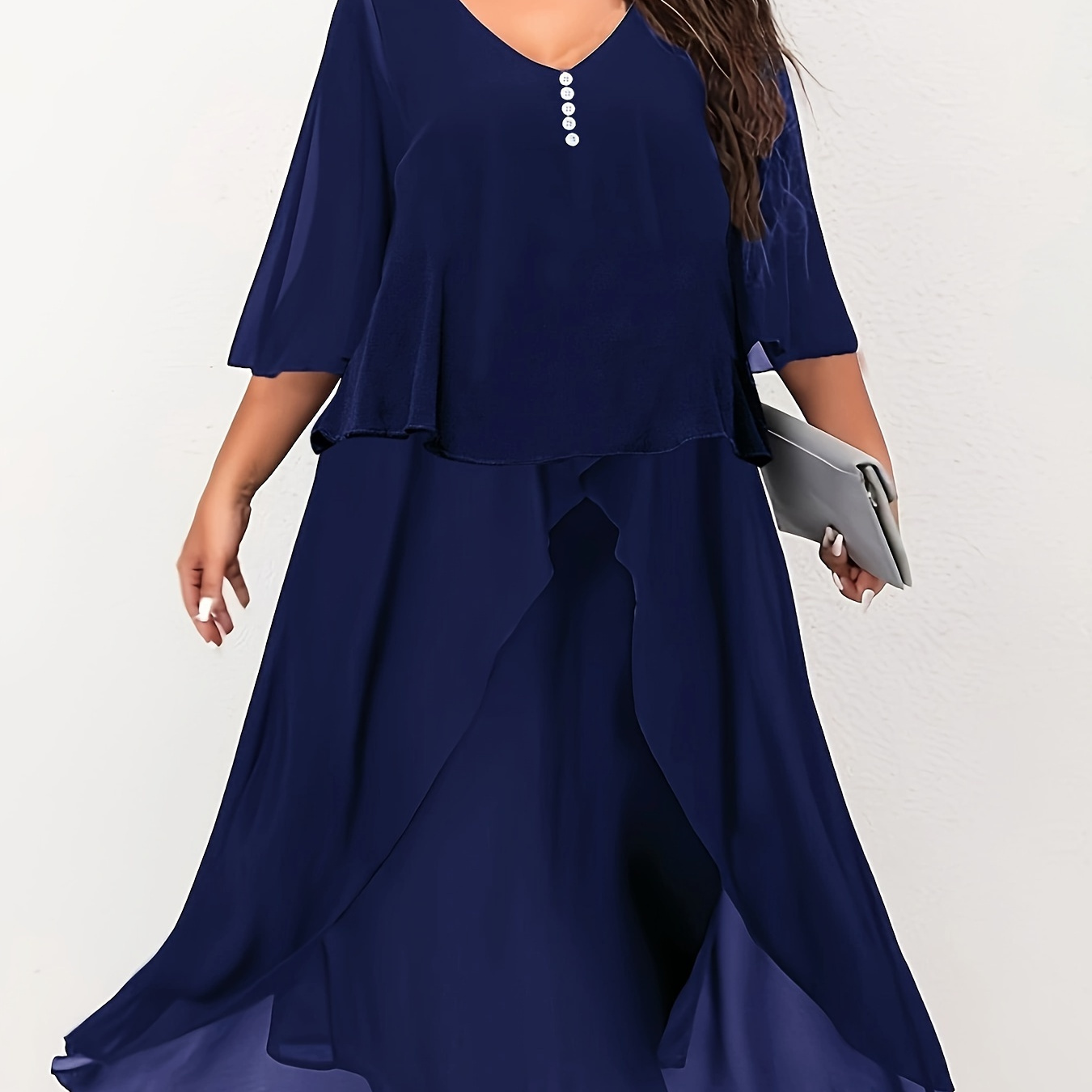 

2 In 1 Plus Size Solid Button Front Loose Dress, Casual Half Sleeve Paneled Dress For Spring & Summer, Women's Plus Size Clothing