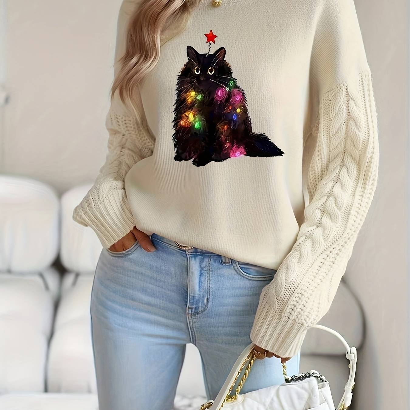 

Cable Knit Long Sleeve Sweater, Casual Cat Print Drop Shoulder Crew Neck Sweater, Women's Clothing