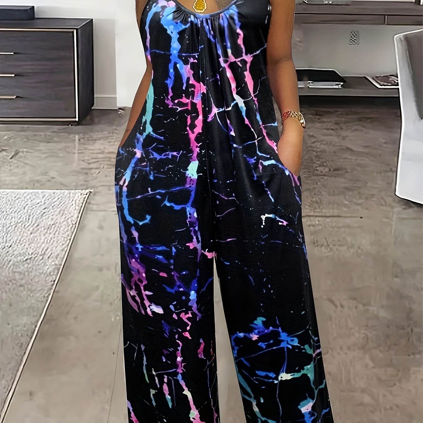 

Plus Size Abstract Print Slip Jumpsuit, Casual Sleeveless Jumpsuit With Pockets, Women's Plus Size clothing